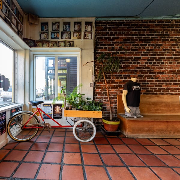 A red bicycle with a plant-filled cart, a mannequin, and framed photos on a brick wall at Gorditos.